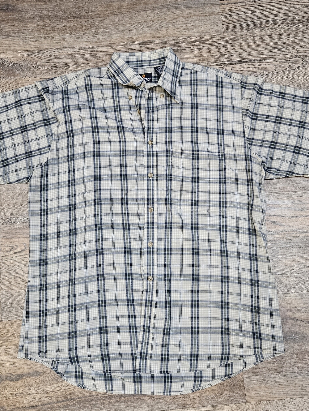 Vintage Puritan Men's Size Large Green Blue Plaid Collared Short Sleeve